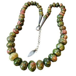 Sterling Silver Womens Necklace Unakite Pink Green Gemstone Bead 18-20" 99 Grams